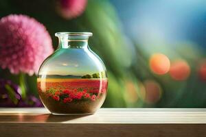 un botella con flores en eso en un mesa. generado por ai foto