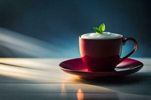 a cup of coffee with a mint leaf on top. AI-Generated photo