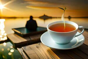un taza de té en un de madera mesa con un ver de el puesta de sol. generado por ai foto