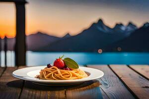 spaghetti with berries and a mountain view. AI-Generated photo