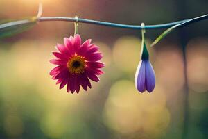 two pink flowers hanging from a wire. AI-Generated photo