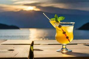 cocktail on the table with sunset in the background. AI-Generated photo