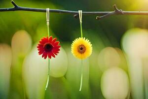 two red and yellow flowers hanging from a branch. AI-Generated photo