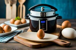 an electric pressure cooker with eggs on a cutting board. AI-Generated photo