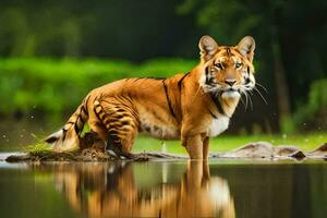 un Tigre en pie en el agua con sus reflexión. generado por ai foto