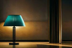 a lamp is sitting on a table in a room. AI-Generated photo