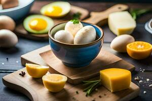 huevos, queso y otro ingredientes en un corte tablero. generado por ai foto