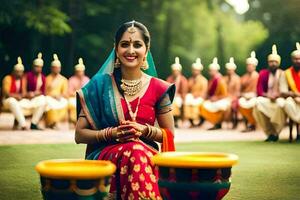 a woman in traditional indian attire sits on the grass with a large pot. AI-Generated photo