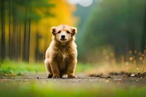 un perrito es sentado en el suelo en el medio de un bosque. generado por ai foto