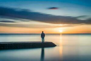 a man standing on a dock at sunset. AI-Generated photo