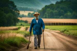 un antiguo hombre caminando en un suciedad la carretera con caña. generado por ai foto