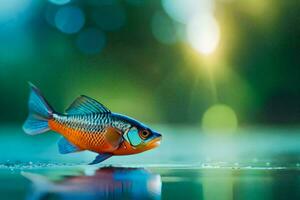 un pescado es en pie en el agua con un brillante ligero detrás él. generado por ai foto