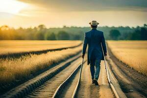 un hombre caminando en el ferrocarril pistas con muletas generado por ai foto