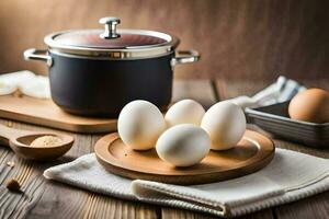 eggs on a wooden table with a pot and pan. AI-Generated photo