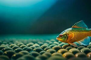 a fish is standing on top of a bunch of balls. AI-Generated photo