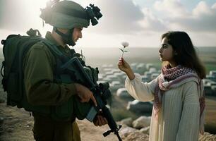 palestino mujer ofrecimiento paz flor a israelí soldado. generativo ai. foto