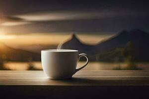 coffee cup on wooden table with mountains in the background. AI-Generated photo