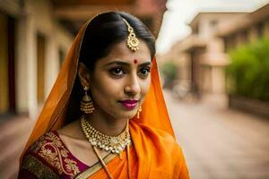 a beautiful indian woman in an orange sari. AI-Generated photo