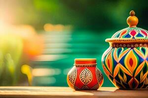 two colorful vases sitting on a wooden table. AI-Generated photo