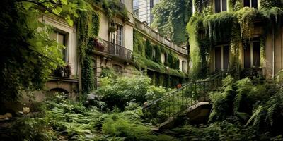 Post-Apocalyptic City Buildings Overgrown with Vegetation. Generative AI. photo