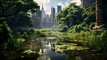 Manhattan's Urban Jungle A Ground-Level View. Generative AI. photo