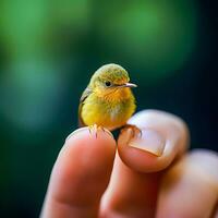 microcósmico armonía generativo ai capturas delicado pájaro encaramado en dedo foto