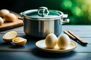 eggs on a plate next to a pot. AI-Generated photo