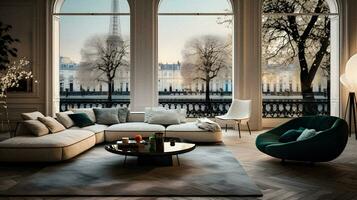 Elegance Overlooking Paris Minimalistic Luxury Living Room with Eiffel Tower View   generative ai photo