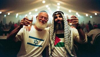 Jewish and Palestinian Men Toast to Peace and Unity. Generative AI. photo