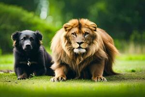 two lions and a dog sitting on the grass. AI-Generated photo