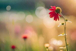 a red flower is in the foreground of a field. AI-Generated photo