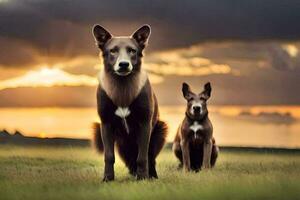 dos perros en pie en el césped a puesta de sol. generado por ai foto