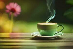 a cup of coffee on a wooden table with a flower in the background. AI-Generated photo