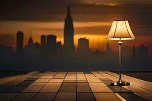 a lamp is sitting on a floor with a city in the background. AI-Generated photo