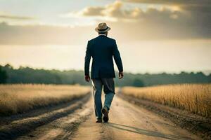 a man in a suit and hat walking down a dirt road. AI-Generated photo