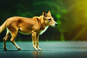 a dog is standing on the road in the dark. AI-Generated photo