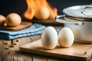 two eggs on a cutting board next to a pot. AI-Generated photo