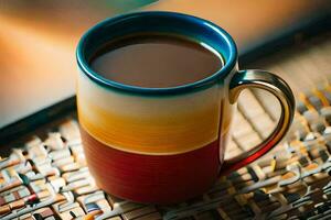 a coffee cup with a colorful design on it. AI-Generated photo