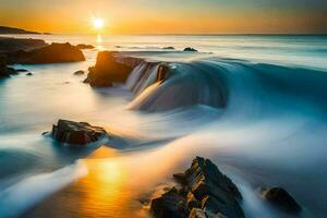 un hermosa puesta de sol terminado el Oceano con olas estrellarse dentro rocas generado por ai foto