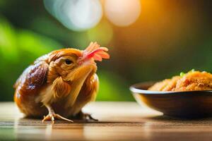a chicken is standing next to a bowl of food. AI-Generated photo