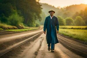 a man in a long coat and hat walking down a dirt road. AI-Generated photo