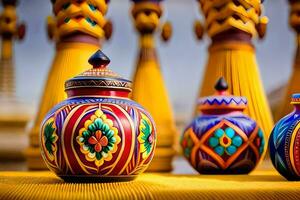 colorful vases are lined up on a table. AI-Generated photo