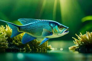 a blue fish swimming in the water with green plants. AI-Generated photo