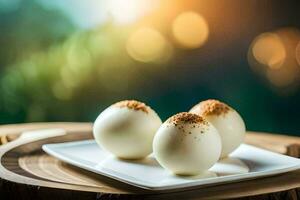 three white balls on a plate with a wooden background. AI-Generated photo