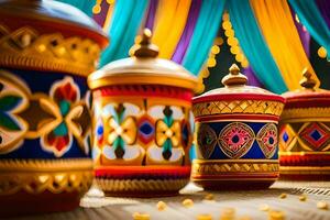 colorful decorative pots on a table with gold and blue decorations. AI-Generated photo