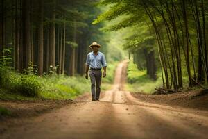 a man in a hat walking down a dirt road in the middle of a forest. AI-Generated photo