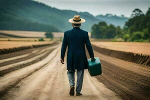 un hombre en un traje y sombrero caminando abajo un suciedad la carretera. generado por ai foto