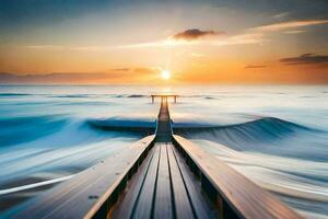 a long exposure photo of a pier in the ocean. AI-Generated