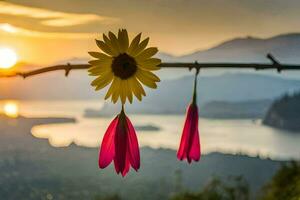 sunflower hanging from a branch with a view of the mountains. AI-Generated photo