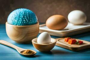 huevos, un de madera cuenco y un cuchara en un azul mesa. generado por ai foto